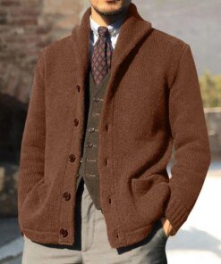 Knitted Coat Warm Cardigan Sweater Thickened Men Autumn Winter Solid Color Buttons Placket Knitted Coat Cold Resistant