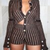 Buy Knitted Striped Shorts Two Piece Set For Women 2023 Summer Long Sleeve Button Slim Tops Casual Shorts Suits Female Street Outfit online shopping cheap