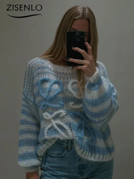Buy Knitwears Sweater Autumn New Sweet Hundred Matching Round Neck Pullover Knitted Sweater Oversized Rainbow Pullover Jumper Tops online shopping cheap
