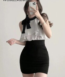 Korea Lace WOMENGAGA Up Bow Ruffle Chiffon Top Sleeveless Shirt Off Shoulder OL Elegant 2022 Blouse Hot Sexy Sweet 66YH