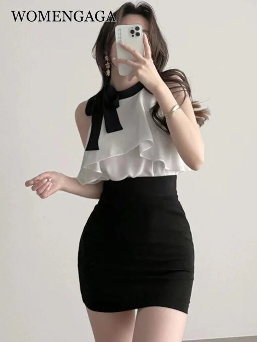 Buy Korea Lace WOMENGAGA Up Bow Ruffle Chiffon Top Sleeveless Shirt Off Shoulder OL Elegant 2022 Blouse Hot Sexy Sweet 66YH online shopping cheap