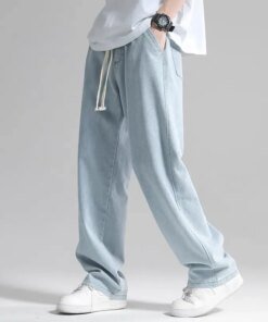 Korean Fashion Men’s Baggy Jeans Classic All-match Solid Color Straight-leg Denim Wide-leg Pants Male Light Blue Grey Black 2023