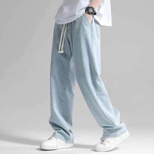 Buy Korean Fashion Men's Baggy Jeans Classic All-match Solid Color Straight-leg Denim Wide-leg Pants Male Light Blue Grey Black 2023 online shopping cheap