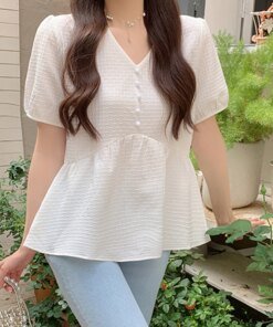 Korean Fashion Summer V Neck Blouse Women 2023 Sweet Short Sleeve Tops Elegant White Pleated Casual Loose Ruffles Shirts 26954