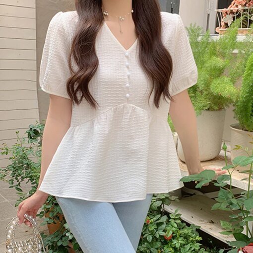 Buy Korean Fashion Summer V Neck Blouse Women 2023 Sweet Short Sleeve Tops Elegant White Pleated Casual Loose Ruffles Shirts 26954 online shopping cheap