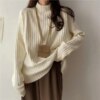 Buy Korean Fashion Turtleneck Sweaters Women Loose Long Sleeve Knitted Pullover 2023 Casual Basic Solid Office Lady Knitwears Jumper online shopping cheap