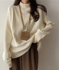 Korean Fashion Turtleneck Sweaters Women Loose Long Sleeve Knitted Pullover 2023 Casual Basic Solid Office Lady Knitwears Jumper