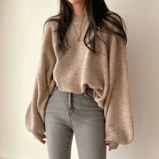 Buy Korean Lazy Style Oversized Sweater Women Pullover Tops Office Lady Soft Autumn 2023 Warm Thick Women Knitwear Sweaters Jumpers online shopping cheap