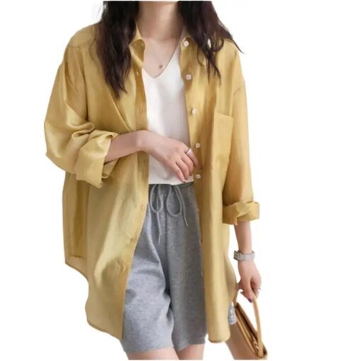 Buy Korean Spring Summer Fashion oversize Air-conditioned Shirt Women Loose Lesser Blouses Solid Color plus size Sunscreen shirt Top online shopping cheap