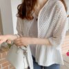 Buy Korean Stylish Lace Shirts Women Elegant 2023 Summer Sweet Half Sleeve Cardigan Hollow Cotton Sunscreen Top Fashion Blusas 26719 online shopping cheap