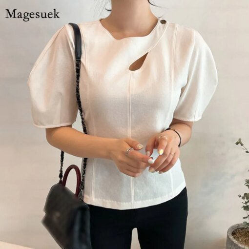 Buy Korean Summer O Neck Cotton Woman Tshirts New Hollow Out Puff Short Sleeve Slim Solid Women Tops Elegant Stripe Blouse 14495 online shopping cheap