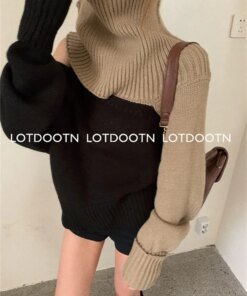 LOTDOOTN Women Turtleneck Sweater Autumn Winter Bare Shoulders Patchwork Elegant Thick Warm Knitted Pullovers Ladies Casual Tops