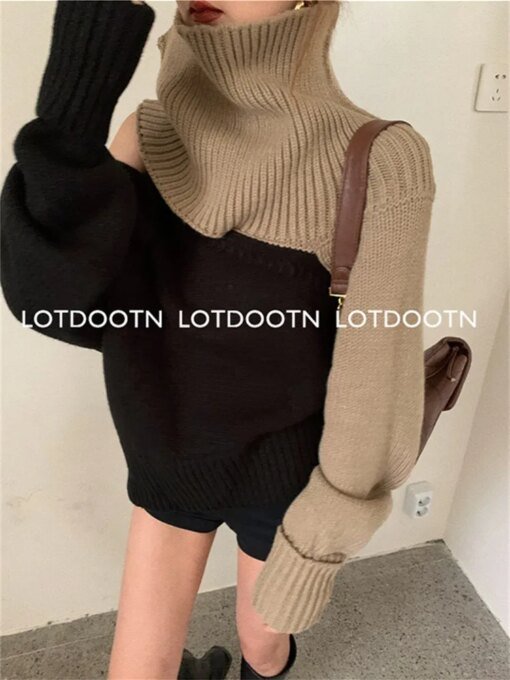 Buy LOTDOOTN Women Turtleneck Sweater Autumn Winter Bare Shoulders Patchwork Elegant Thick Warm Knitted Pullovers Ladies Casual Tops online shopping cheap