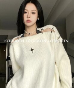 LOTDOOTN Y2K Women Korean Vintage Oversized High Street Sweater Aesthetics Long Sleeve Sweaters Bare Shoulders Grunge Pullovers