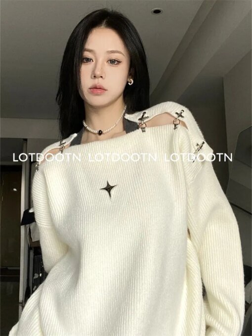 Buy LOTDOOTN Y2K Women Korean Vintage Oversized High Street Sweater Aesthetics Long Sleeve Sweaters Bare Shoulders Grunge Pullovers online shopping cheap