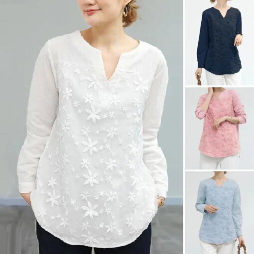 Buy Lace Embroidered Flowers Women's Shirt Vintage Loose Long Sleeve Woman Blouses Ladies' Tops V Neck Elegant Shirts online shopping cheap