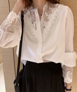 Lace Patchwork Chiffon Shirts Women Autumn Long Sleeve White Blouse Office Ladies Elegant French Style Single Breasted Slim Tops