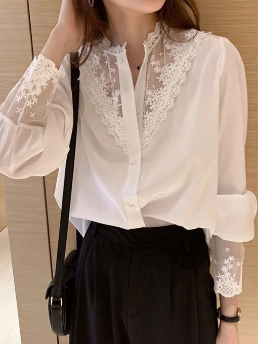 Buy Lace Patchwork Chiffon Shirts Women Autumn Long Sleeve White Blouse Office Ladies Elegant French Style Single Breasted Slim Tops online shopping cheap