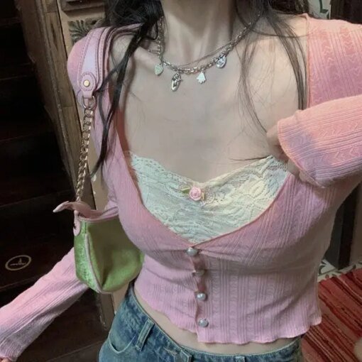 Buy Lace Pink Sexy Kawaii Blouse Women V-neck Korean Style Sweet Knitted Blouse Female Long Sleeve French Crop Tops Autumn 2023 New online shopping cheap