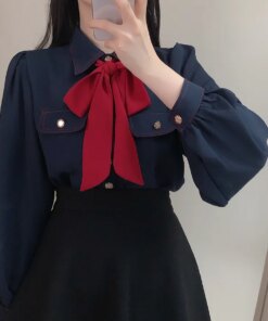 Lady’s Turn down collar White Office lady Tops New fashion Bow tie Women blouse Pocket Long-sleeved shirt blusa feminina