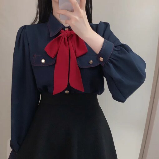 Buy Lady's Turn down collar White Office lady Tops New fashion Bow tie Women blouse Pocket Long-sleeved shirt blusa feminina online shopping cheap