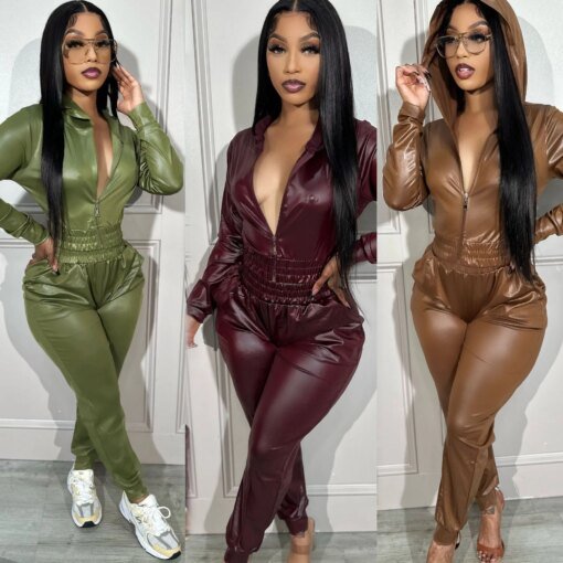 Buy Leather Hoodie Jackets 2 Piece Pant Sets Winter Tracksuits 2023 Women Elegant Outfits Fall Crop Two 2 Piece Pant Sets Joggers online shopping cheap