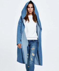 Long Jean Coat Women Hooded Denim Windbreaker Autumn Winter Fashion Loose Denim Jacket