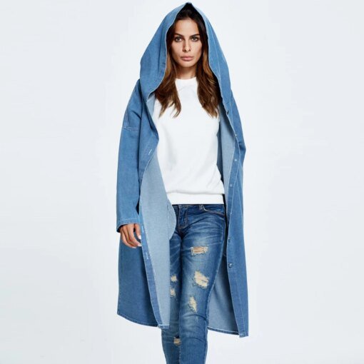 Buy Long Jean Coat Women Hooded Denim Windbreaker Autumn Winter Fashion Loose Denim Jacket online shopping cheap