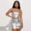 Buy Luxury Leather Two Piece Dress Women Strapless Crop Top Zipper Wrap New In Dress 2023 Autumn Winter Female 2 Piece Skirt Set online shopping cheap