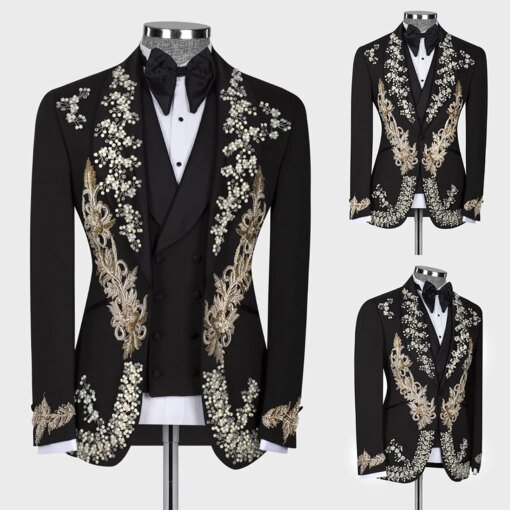 Buy Luxury Men Suit Tailor-Made 3 Pieces Blazer Vest Pants One Button Appliques Sequins Beaded Slim Fit Wedding Groom Prom Tailored online shopping cheap