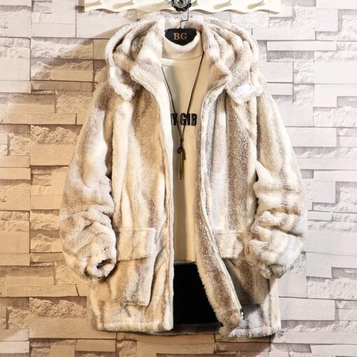 Buy Male Hooded Jacket Faux Fur Men Fashion Coat Solid Color Faux Fur Lapel Men's Casual Slim Coat Autumn and Spring A54 online shopping cheap