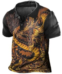 Man Polo Shirts Dragon Printed Summer Men’s Shirts Vintage Male Short Sleeve Tops Casual Oversized Clothing Lapel Button Tshirts