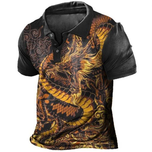 Buy Man Polo Shirts Dragon Printed Summer Men's Shirts Vintage Male Short Sleeve Tops Casual Oversized Clothing Lapel Button Tshirts online shopping cheap