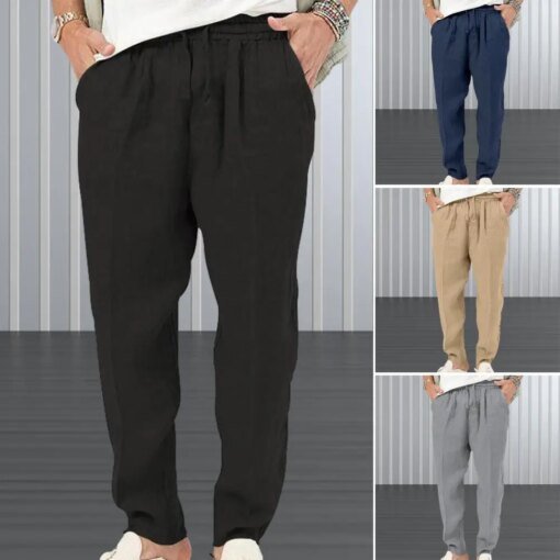Buy Men Drawstring Long Trousers Streetwear Men's Solid Color Casual Trousers with Straight Leg Elastic Waistband for Everyday online shopping cheap
