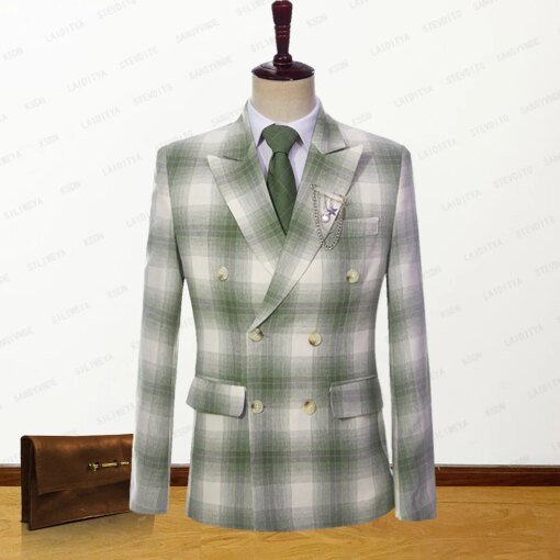 Buy Men Jacket Suit Coat 2023 New Fashion Summer British Style Business Linen Green Reto Classic Plaid Male Wedding Party online shopping cheap