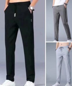 Men New Breathable Ice Silk Pants Spring Summer Mercerized Cotton Multi-pocket Drawstring Mid Waist Trousers 3 Solid Color Thin