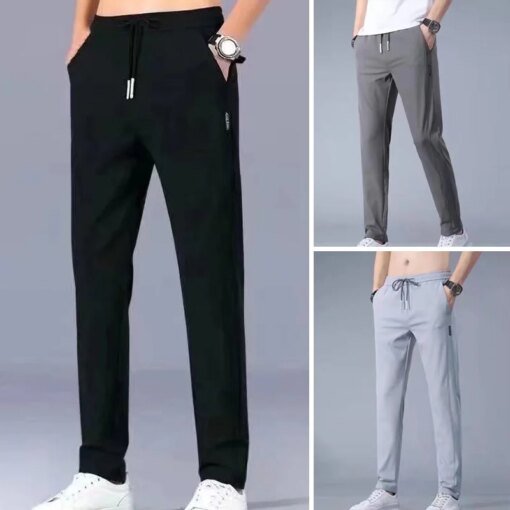 Buy Men New Breathable Ice Silk Pants Spring Summer Mercerized Cotton Multi-pocket Drawstring Mid Waist Trousers 3 Solid Color Thin online shopping cheap