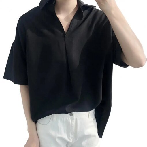 Buy Men Shirt Summer fashion Lapel Youth Pop Short elegance Sleeve Casual Loose Lapel Boy Top for Summer Men's Clothing 2021 online shopping cheap