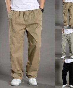 Men Straight Leg Pants Solid Color Waist Elastic Tie Overalls Cotton Pants Male Casual Thin Wear-resistant Trousers