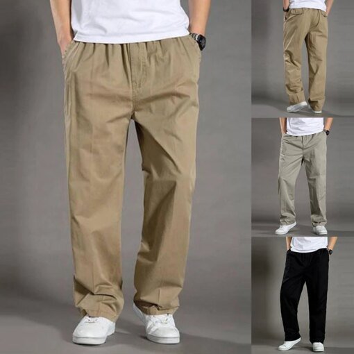 Buy Men Straight Leg Pants Solid Color Waist Elastic Tie Overalls Cotton Pants Male Casual Thin Wear-resistant Trousers online shopping cheap