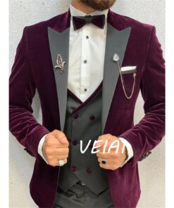 Men Suits Fashion Luxury Balck Peaked Lapel Slim Fit Regular Coat Pants Vest Three Piece Velvet Blazer Custom Made Wedding