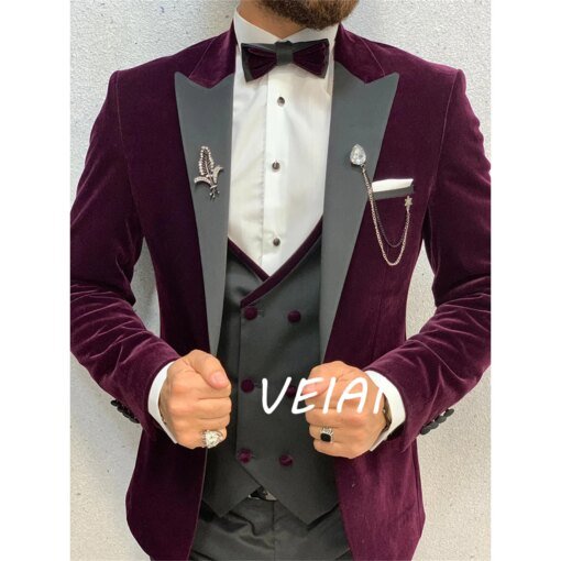 Buy Men Suits Fashion Luxury Balck Peaked Lapel Slim Fit Regular Coat Pants Vest Three Piece Velvet Blazer Custom Made Wedding online shopping cheap
