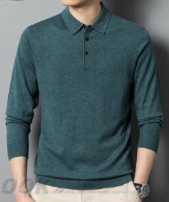 Men’s Autumn Long-Sleeved Wool Blend Solid Color Polo Pullover Sweater with Lapel, Casual Bottoming Sweater -Sizes M-4XL