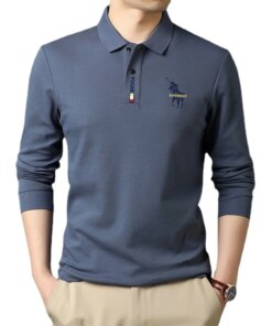 Mens Casual Business Lapel Shirt High Quality Embroidered Long Sleeve T-shirt Men Clothing