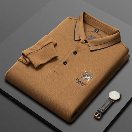 Buy Men's Exquisite Embroidery Long Sleeve Polo Shirt 2023 Autumn New Skin Friendly Pure Cotton Polo Neck T-shirt Trendy Dad's Wear online shopping cheap
