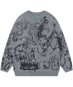 Men’s Graffiti Printed Sweater Loose Casual Hip-hop Trend Long Sleeve Knitted Round Neck Comfortable Harajuku Versatile Pullover