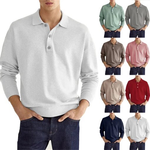 Buy Mens Long Sleeve POLO Shirt Spring Autumn Solid Color Lapel Button Casual Loose Pullover Tops Fashion Business T-shirt S-3XL online shopping cheap