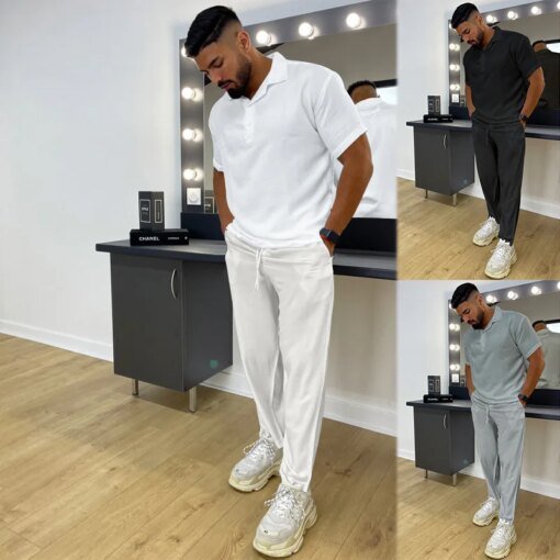 Buy Men's Long-sleeved Trousers Two-piece Sports Casual Solid Color Cotton And Linen Men Suit online shopping cheap