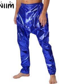 Mens Metallic Shiny Disco Jazz Hip Hop Dance Performance Long Pants Elastic Waistband Solid Color Lightweight Casual Harem Pants