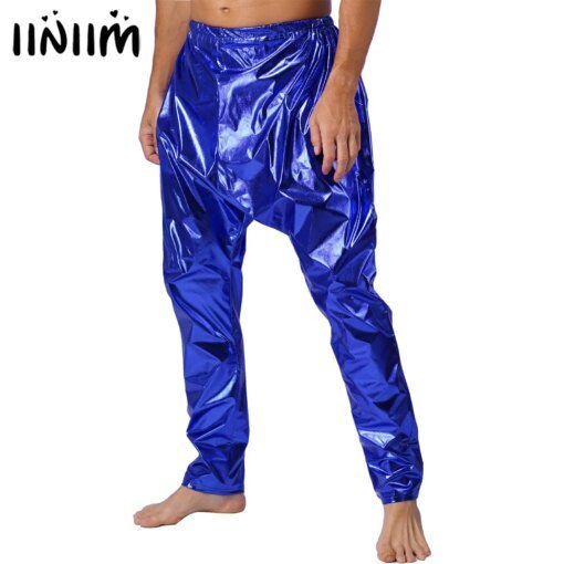 Buy Mens Metallic Shiny Disco Jazz Hip Hop Dance Performance Long Pants Elastic Waistband Solid Color Lightweight Casual Harem Pants online shopping cheap